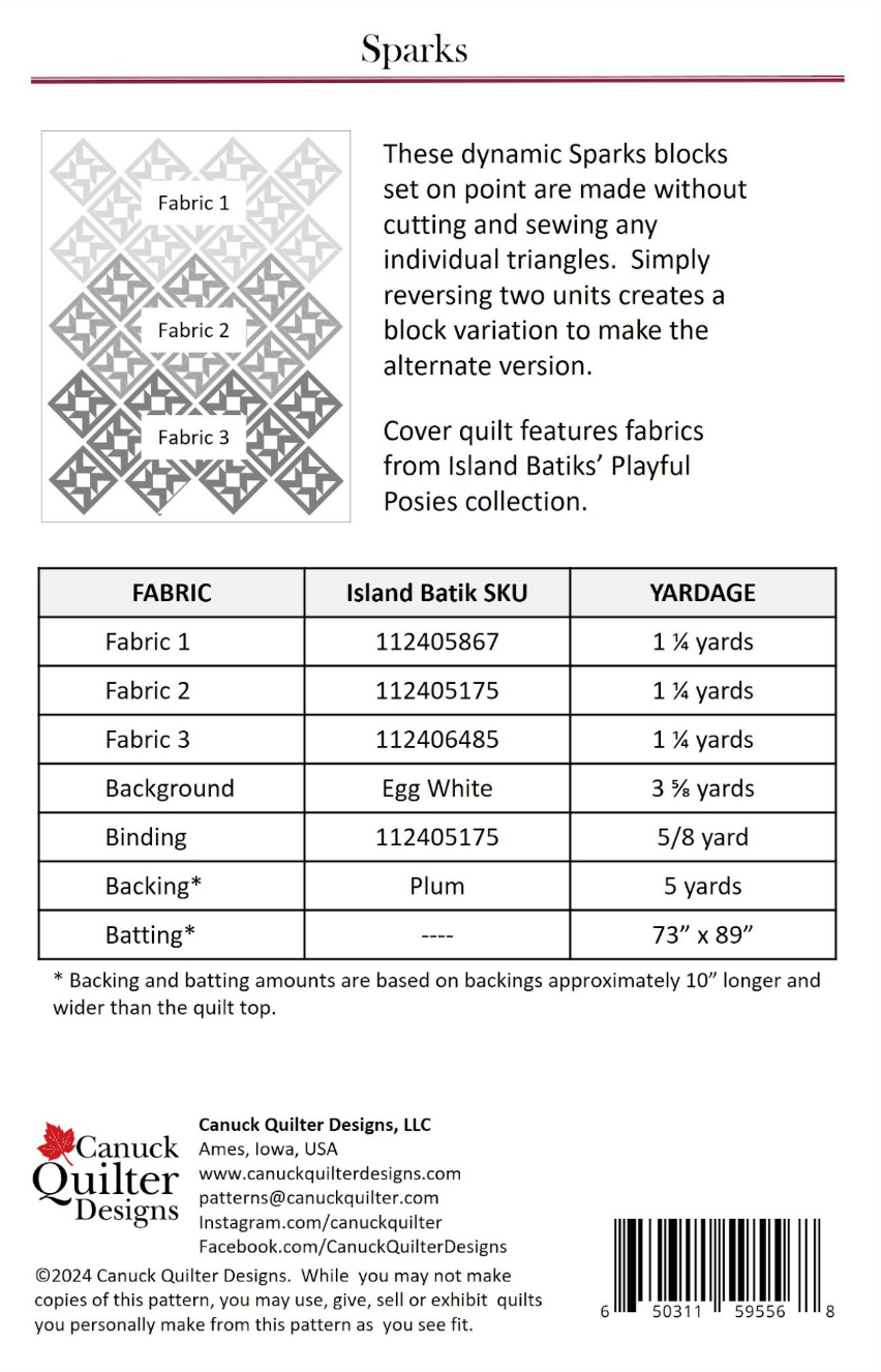 Back of the Sparks Quilt Pattern by Canuck Quilter Designs