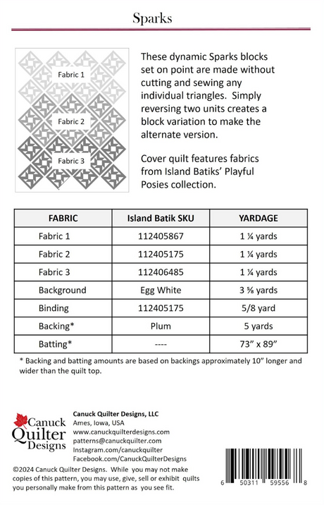 Back of the Sparks Quilt Pattern by Canuck Quilter Designs