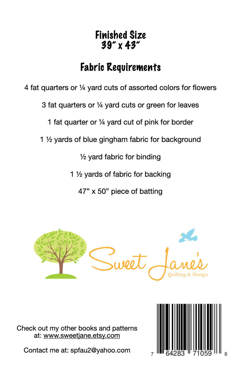 Back of the Stephanie's Flower Garden Downloadable Pattern by Sweet Janes Quilting and Design