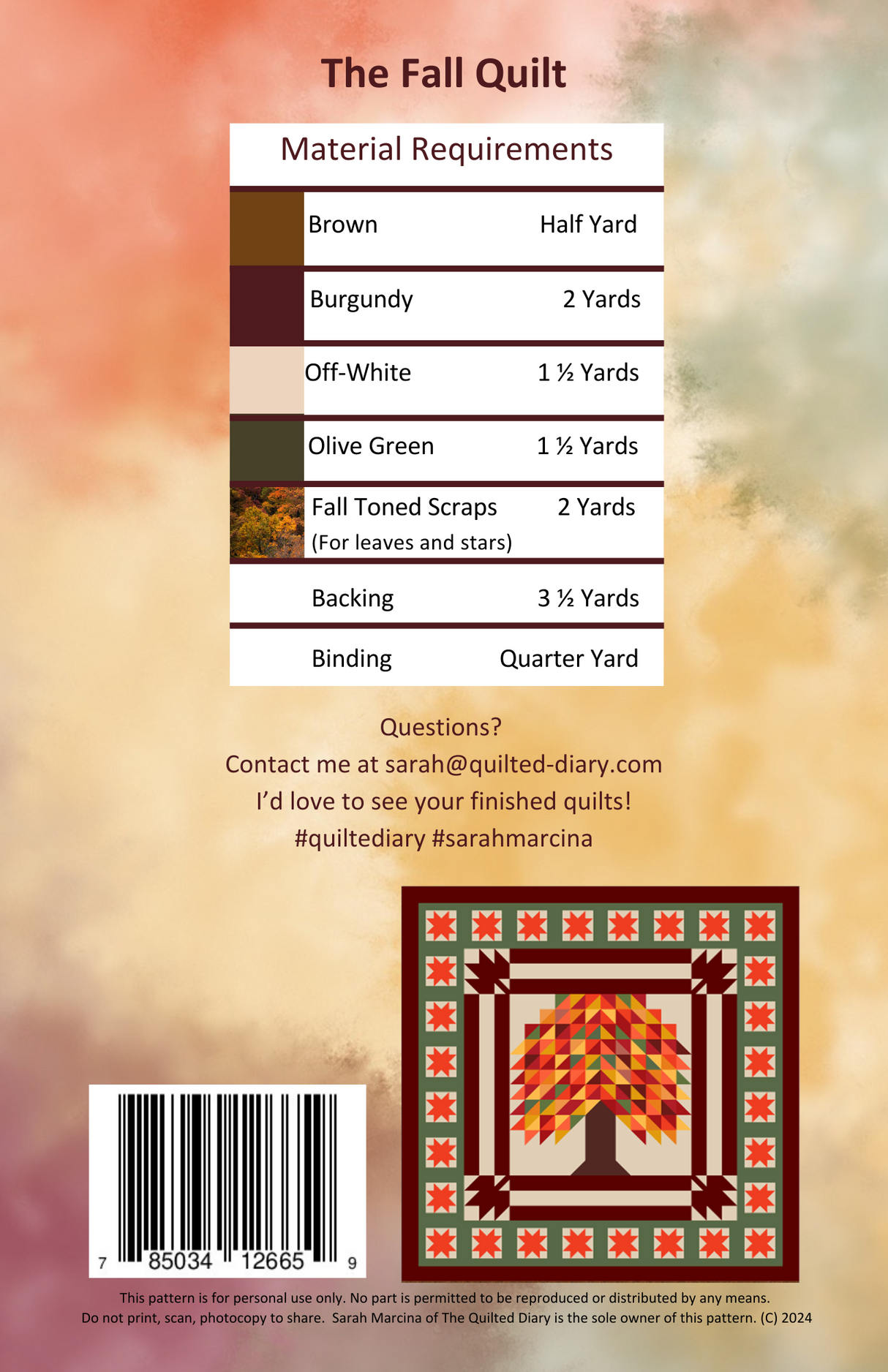 Back of the The Fall Quilt Downloadable Pattern by A Quilted Diary