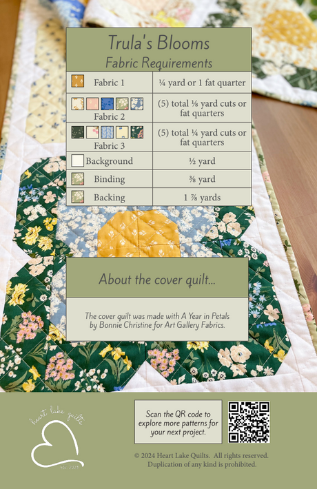 Back of the Trulas Blooms Downloadable Pattern by Heart Lake Quilts...