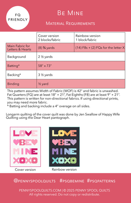 Back of the Be Mine Downloadable Pattern by Penny Spool Quilts Pattern