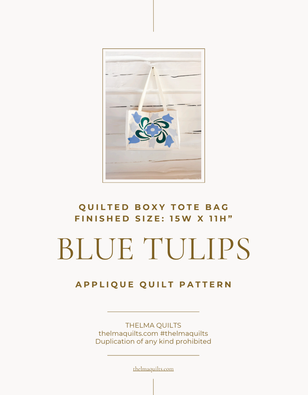Blue Tulips Quilted Applique Boxy Tote Downloadable Pattern by Thelma Quilts