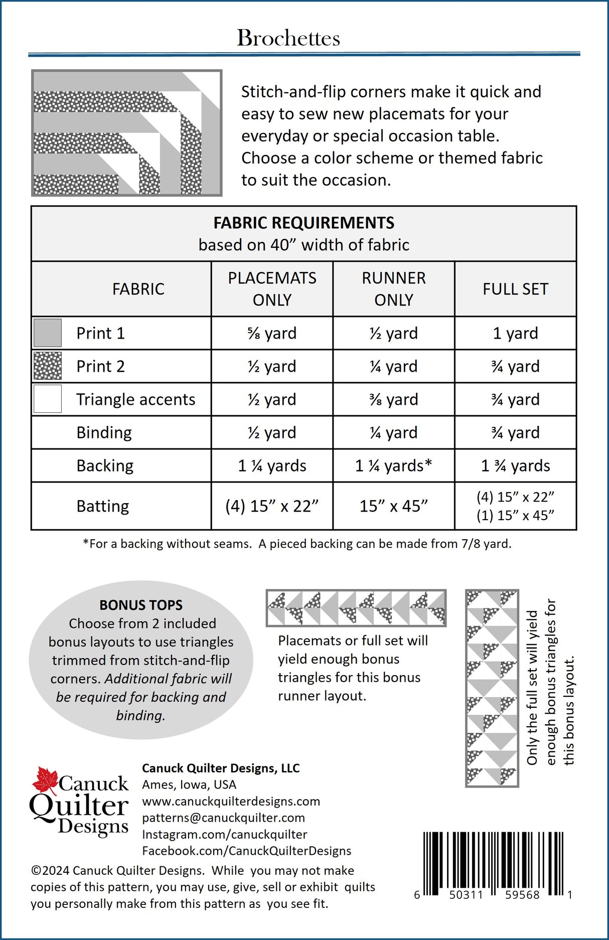 Back of the Brochettes Downloadable Pattern by Canuck Quilter Designs