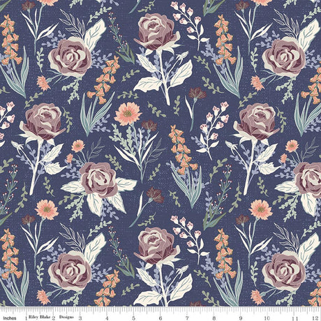 Hedgerow Haven Cottage Floral Blue Quilt Fabric by Amber Elliot