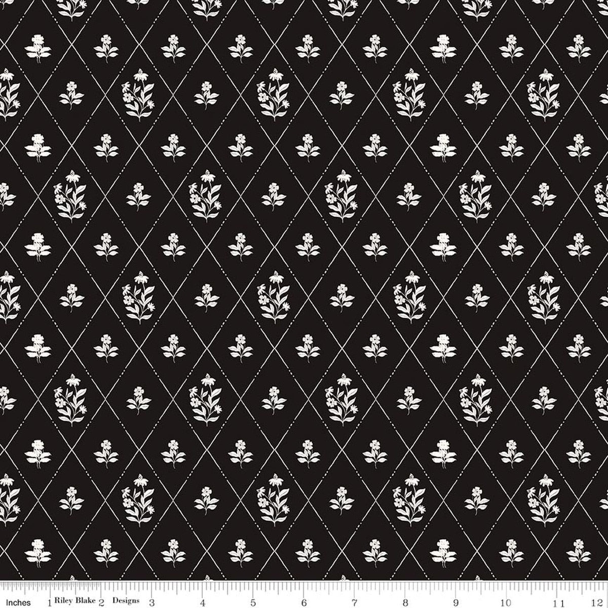 Moonlit Trellis Criss Cross Floral Black Quilt Fabric by My Minds Eye