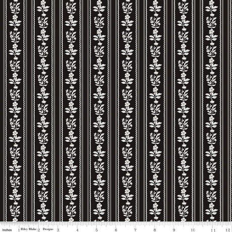 Moonlit Trellis Floral Stripe Black Quilt Fabric by My Minds Eye