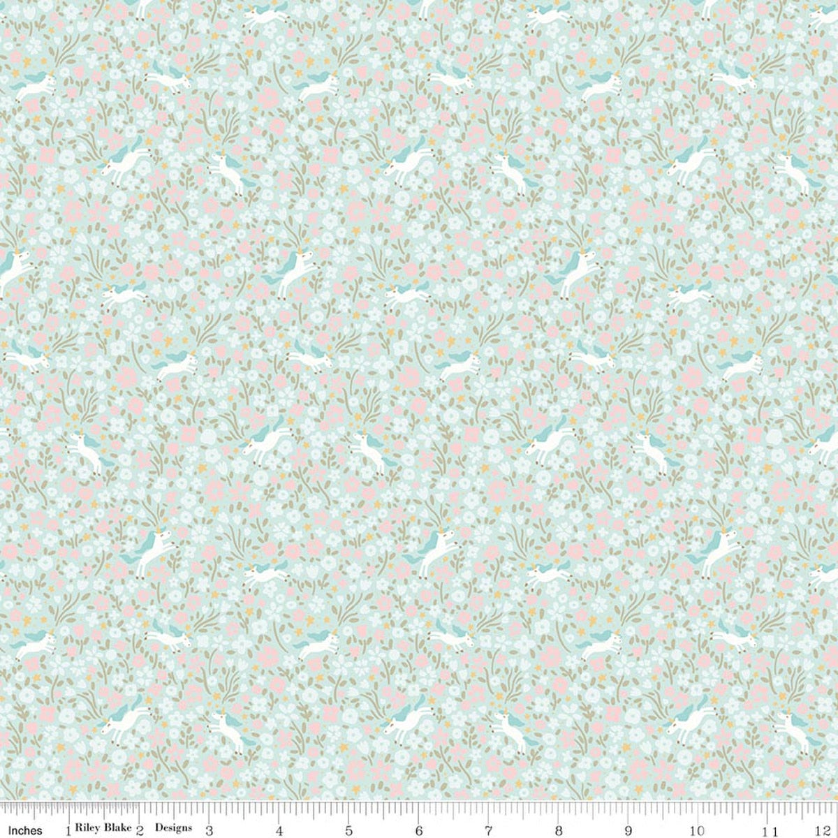 Little Posies Unicorns Aqua Quilt Fabric by Cayla Naylor