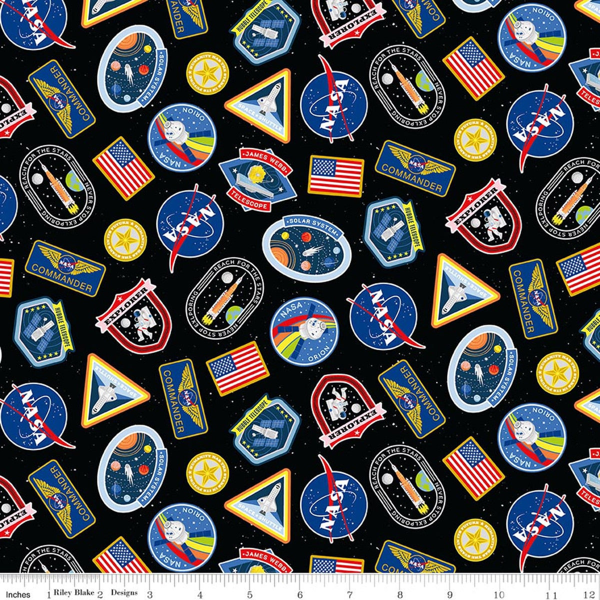Reach for the Stars with NASA Patches Black Quilt Fabric