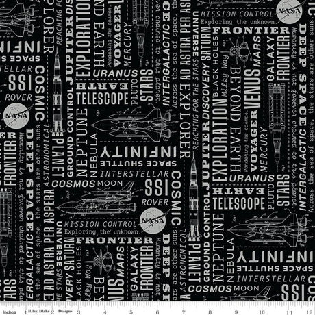 Reach for the Stars with NASA Text Black Quilt Fabric