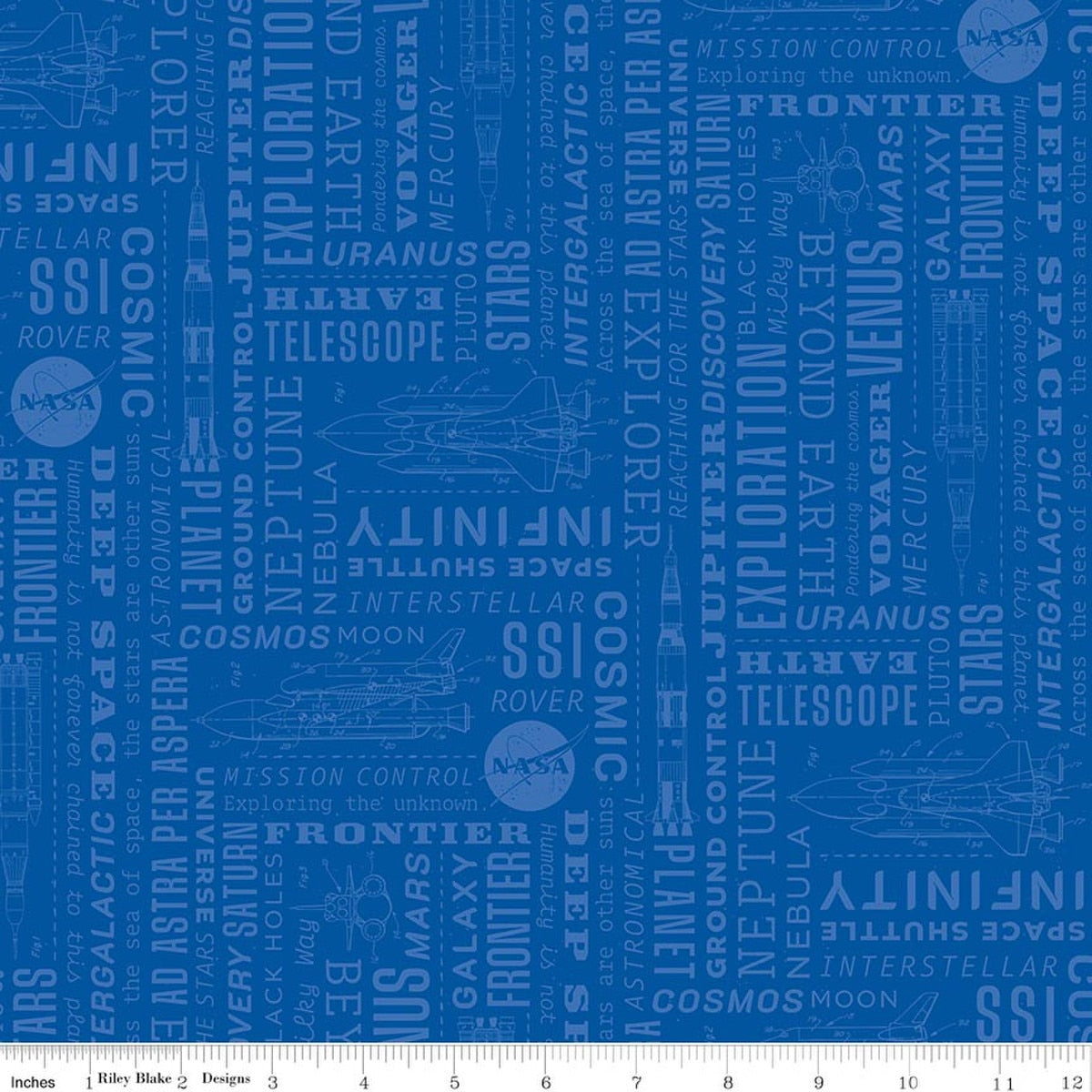 Reach for the Stars with NASA Text Sapphire Quilt Fabric