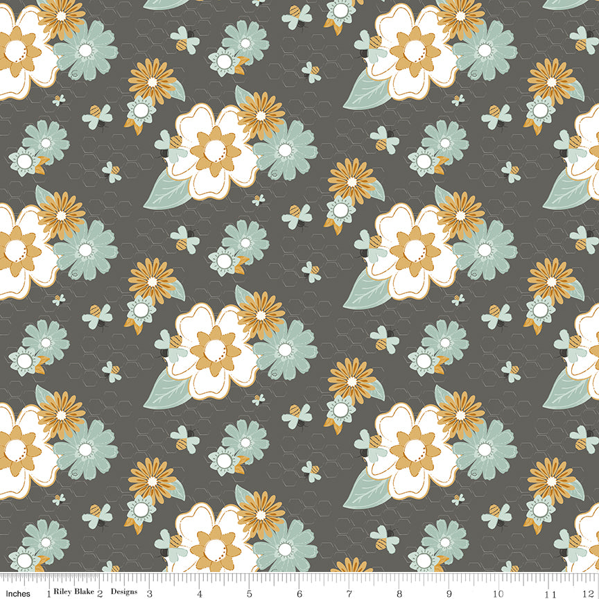 Bees and Blossoms Main Dark Gray Quilt Fabric by Lindsey Weight