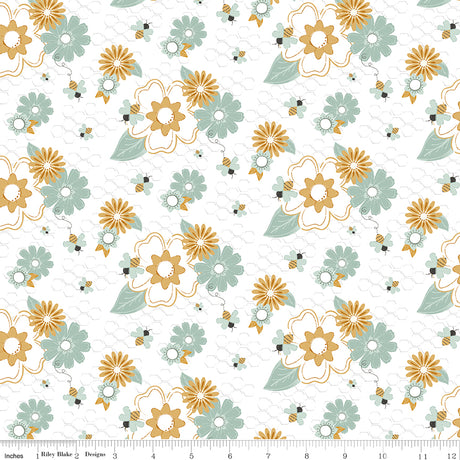 Bees and Blossoms Main White Quilt Fabric by Lindsey Weight