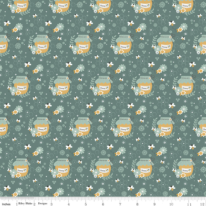 Bees and Blossoms Honey Pot Teal Quilt Fabric by Lindsey Weight