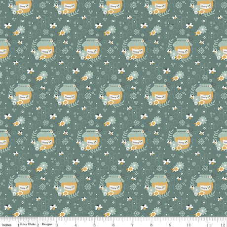 Bees and Blossoms Honey Pot Teal Quilt Fabric by Lindsey Weight