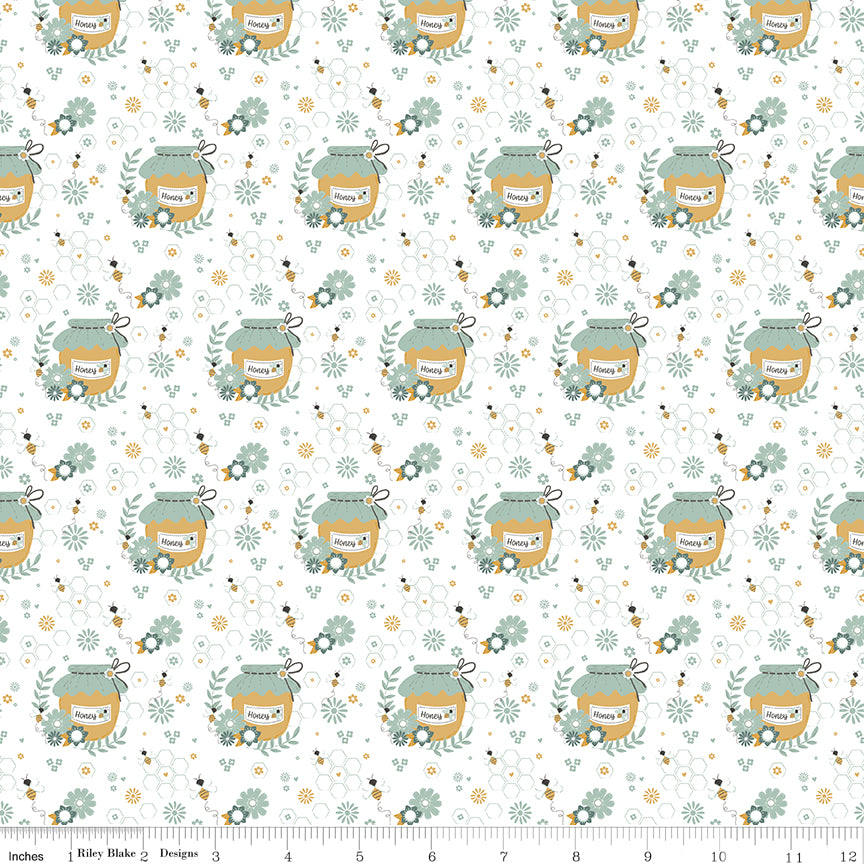 Bees and Blossoms Honey Pot White Quilt Fabric by Lindsey Weight
