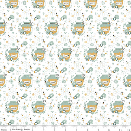Bees and Blossoms Honey Pot White Quilt Fabric by Lindsey Weight