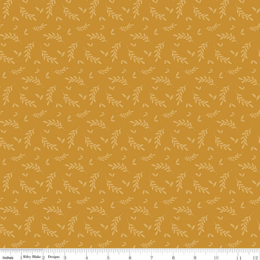 Bees and Blossoms Foliage Gold Quilt Fabric by Lindsey Weight