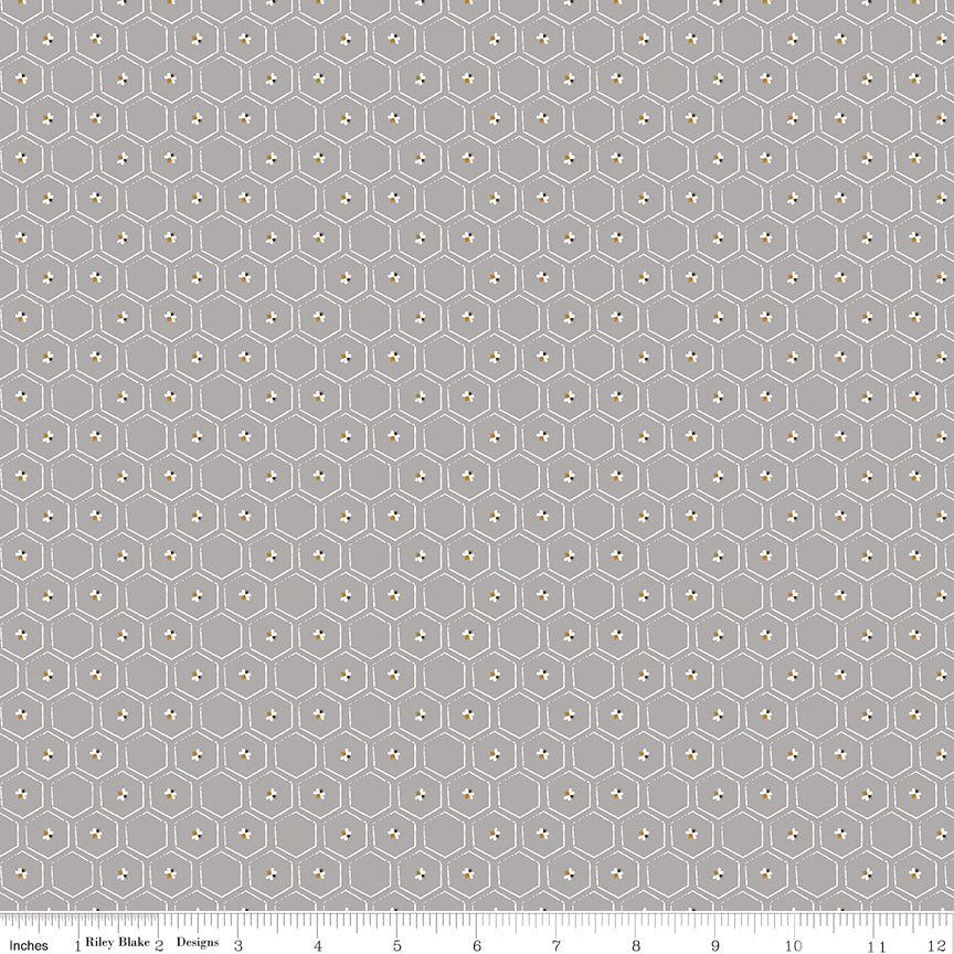 Bees and Blossoms Honeycomb Gray Quilt Fabric by Lindsey Weight
