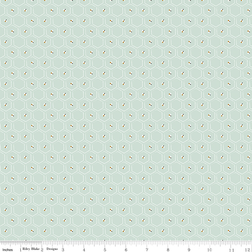 Bees and Blossoms Honeycomb Mist Quilt Fabric by Lindsey Weight