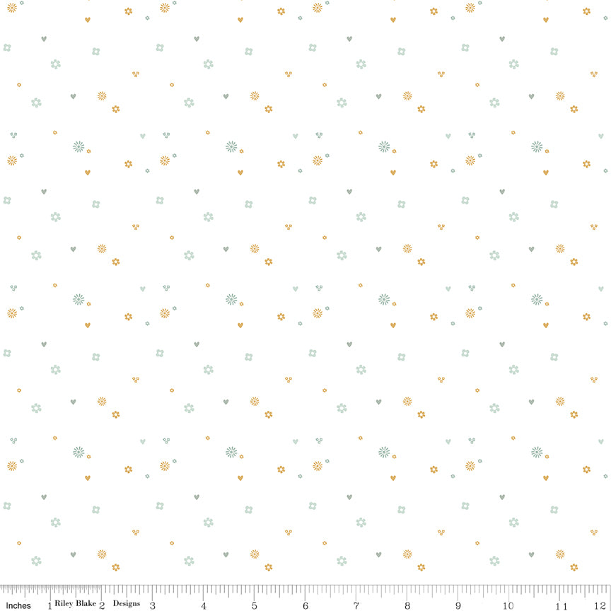 Bees and Blossoms Confetti White Quilt Fabric by Lindsey Weight