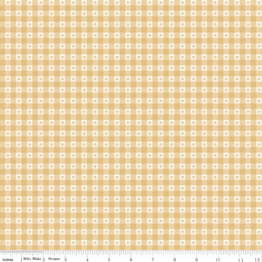 Bees and Blossoms Gingham Honey Quilt Fabric by Lindsey Weight