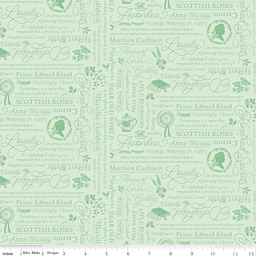Anne with an E Text Mint Quilt Fabric