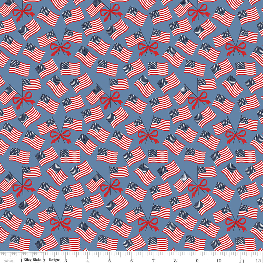 Hooray for the USA Flags Blue Quilt Fabric