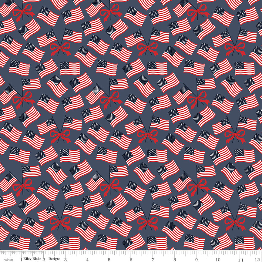 Hooray for the USA Flags Denim Quilt Fabric