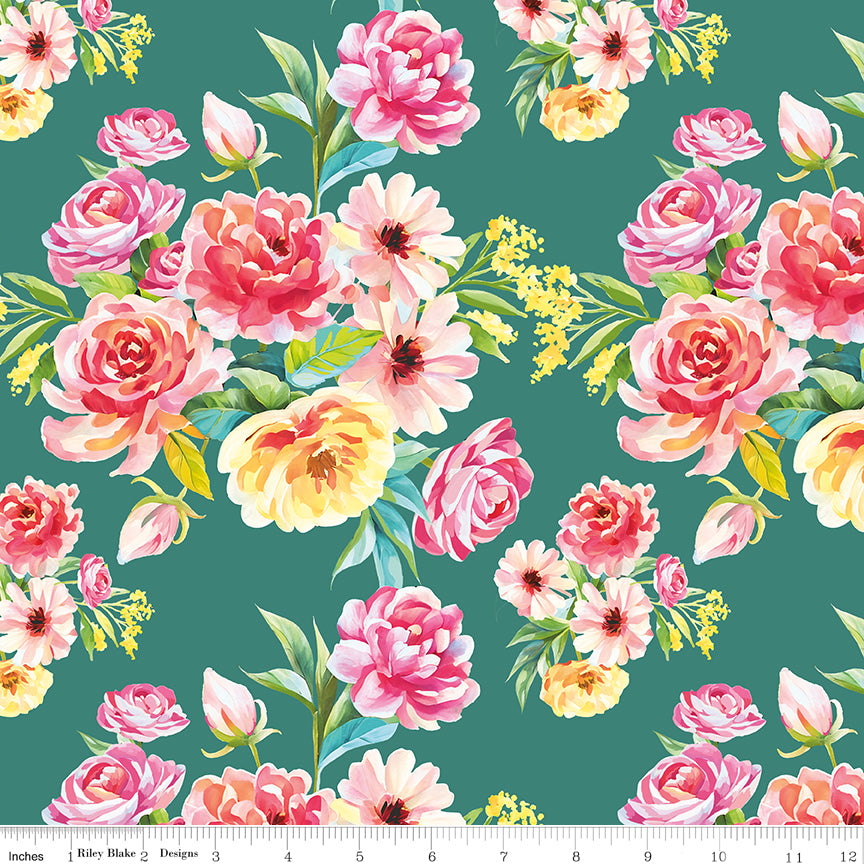 Peonies & Pears Main Green Quilt Fabric