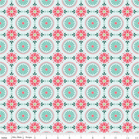 Peonies & Pears Mosaic Turquoise Quilt Fabric