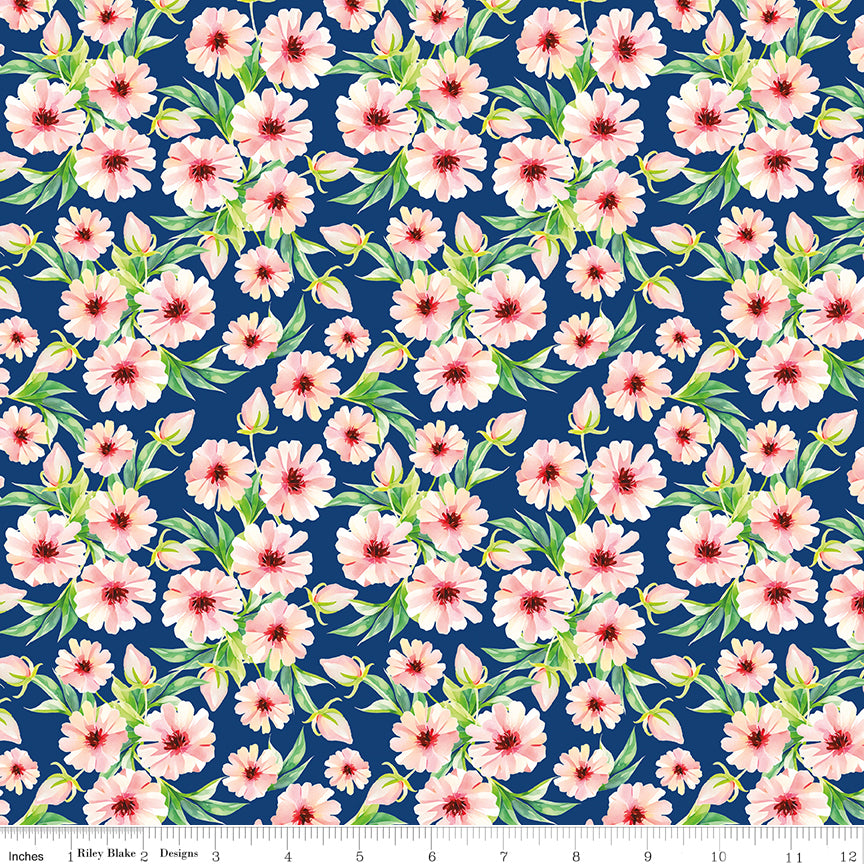 Peonies & Pears Flowers Navy Quilt Fabric