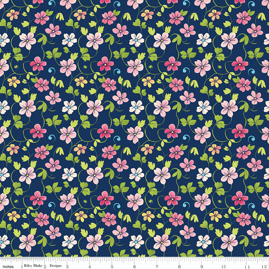 Peonies & Pears Blossoms Navy Quilt Fabric