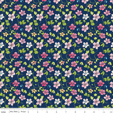 Peonies & Pears Blossoms Navy Quilt Fabric