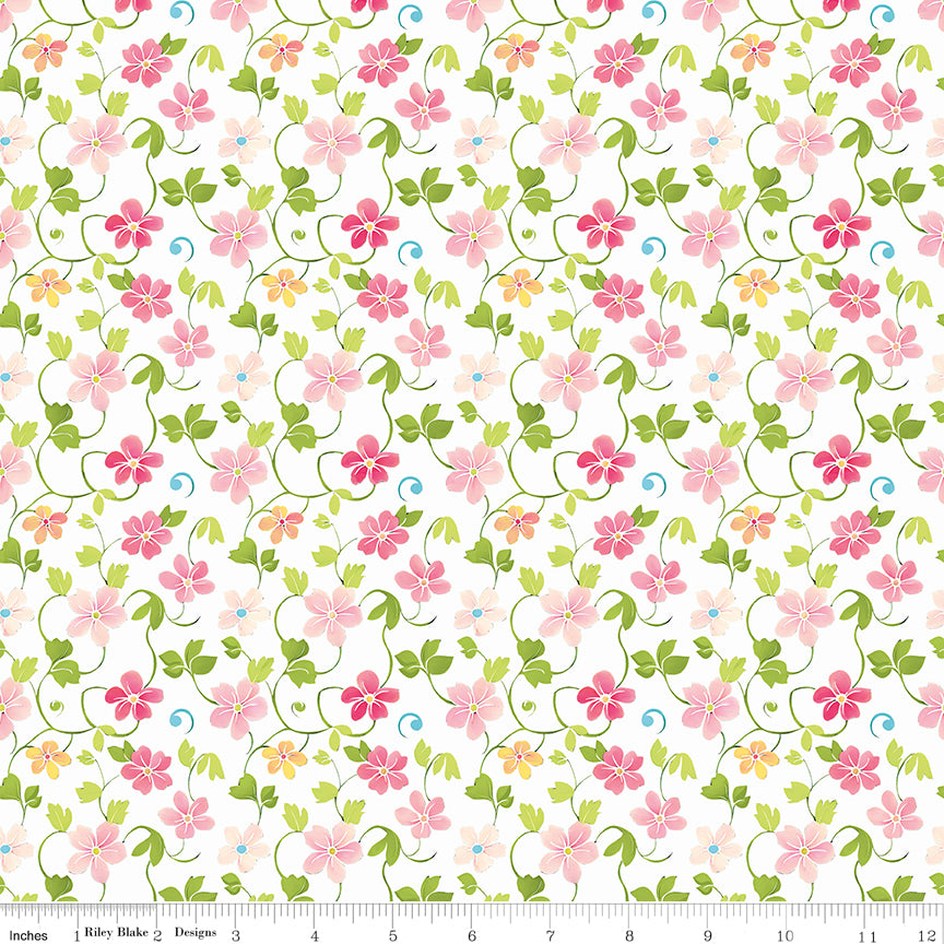 Peonies & Pears Blossoms White Quilt Fabric