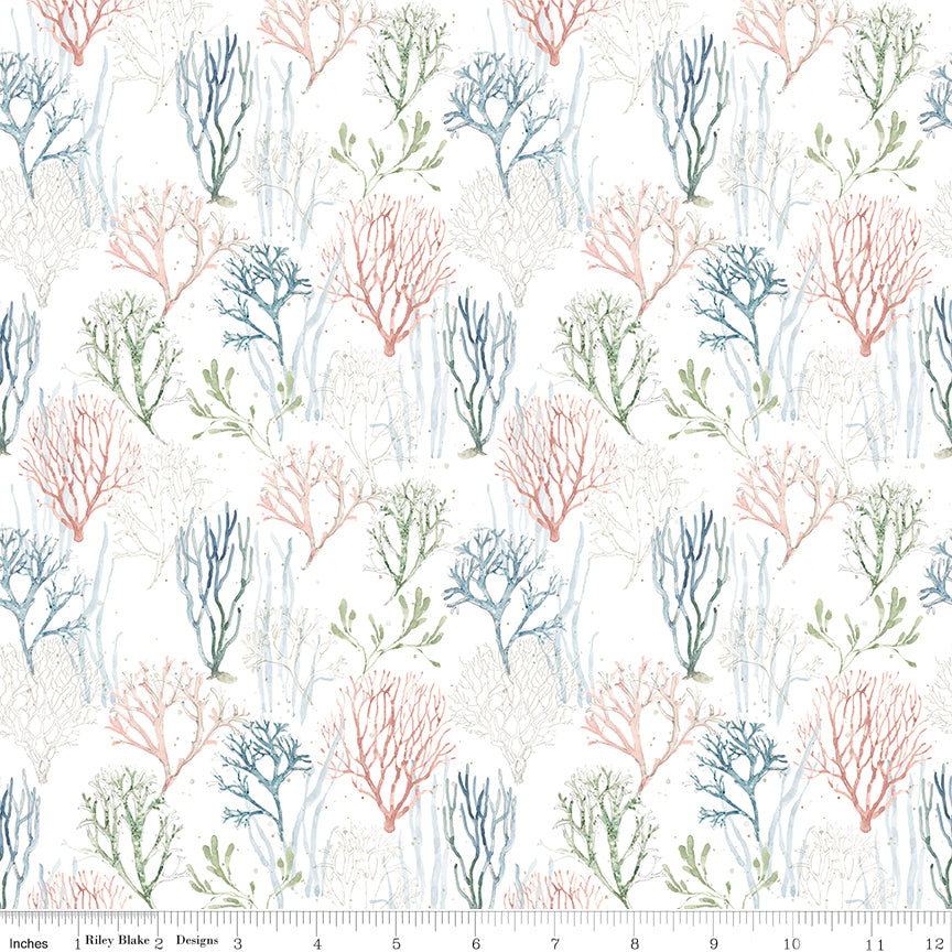 Sea Echoes Aquatic Plants White Quilt Fabric