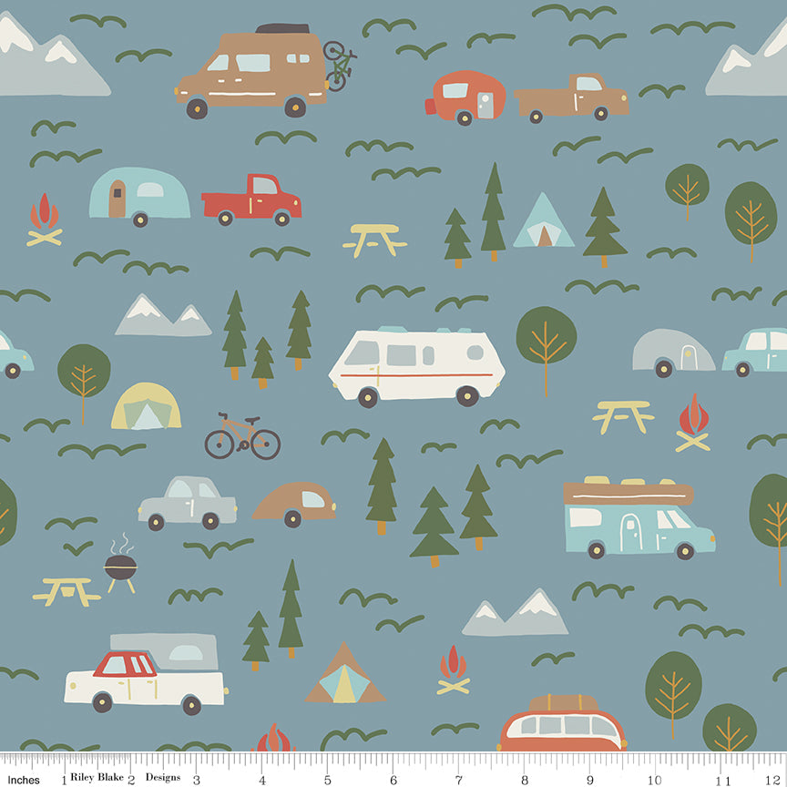 Upper Pines Campers Blue Quilt Fabric