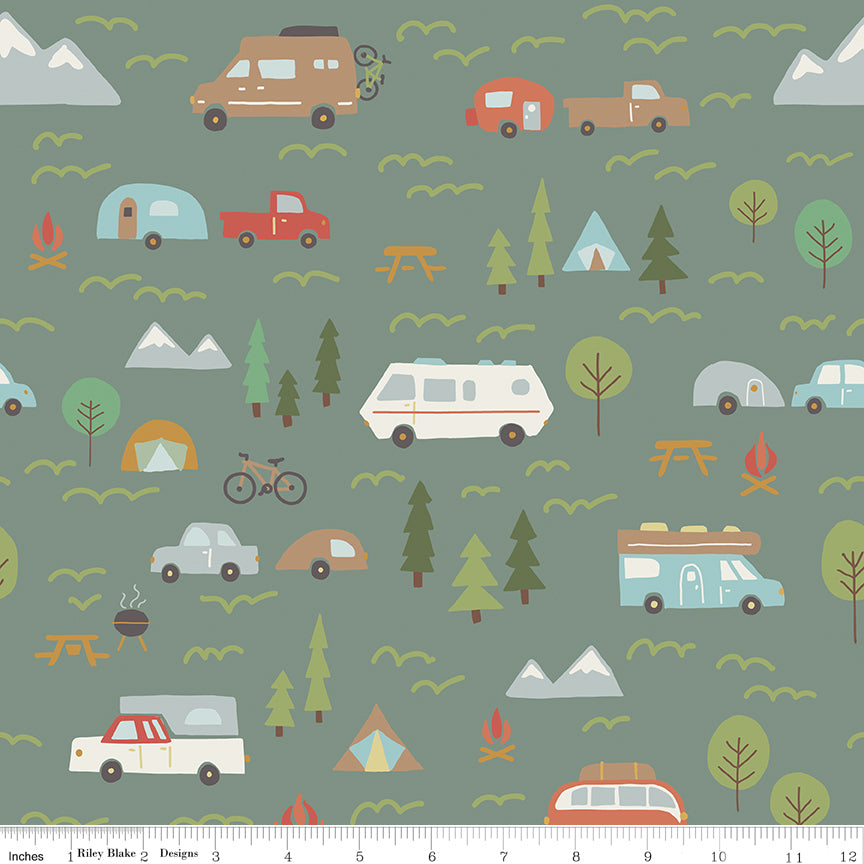 Upper Pines Campers Green Quilt Fabric