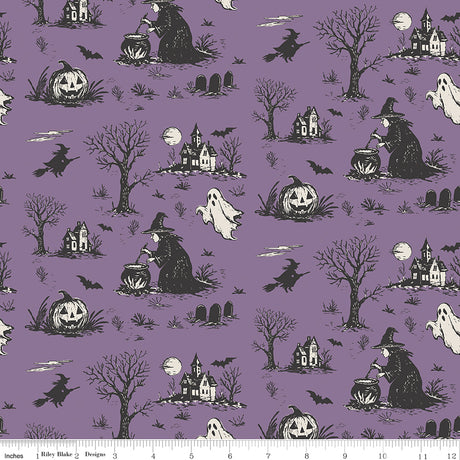 Cobweb Cottage Halloween Toile Purple Quilt Fabric - Riley Blake Designs - Melissa Mortenson