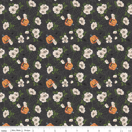 Cobweb Cottage Mums and Pumpkins Charcoal Quilt Fabric - Riley Blake Designs - Melissa Mortenson