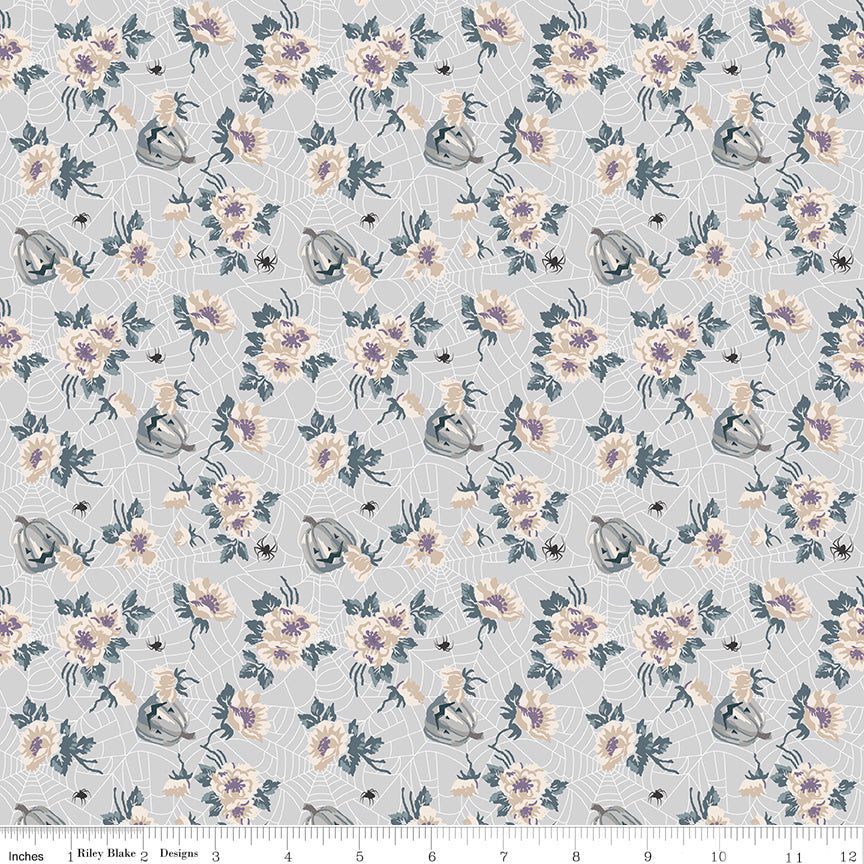 Cobweb Cottage Mums and Pumpkins Silver Quilt Fabric - Riley Blake Designs - Melissa Mortenson
