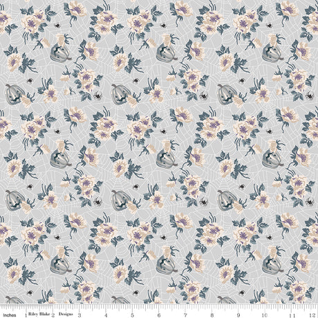 Cobweb Cottage Mums and Pumpkins Silver Quilt Fabric - Riley Blake Designs - Melissa Mortenson