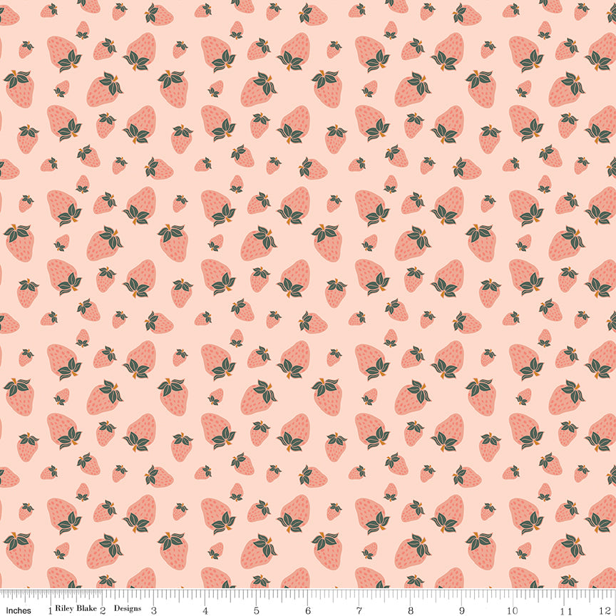 Orchard Blooms Strawberries Pink Quilt Fabric by Liza Taylor