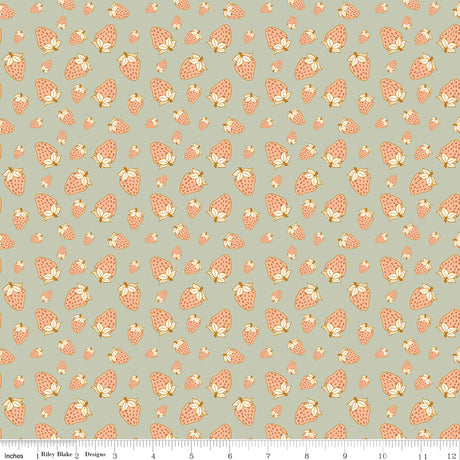 Orchard Blooms Strawberries Sage Quilt Fabric by Liza Taylor