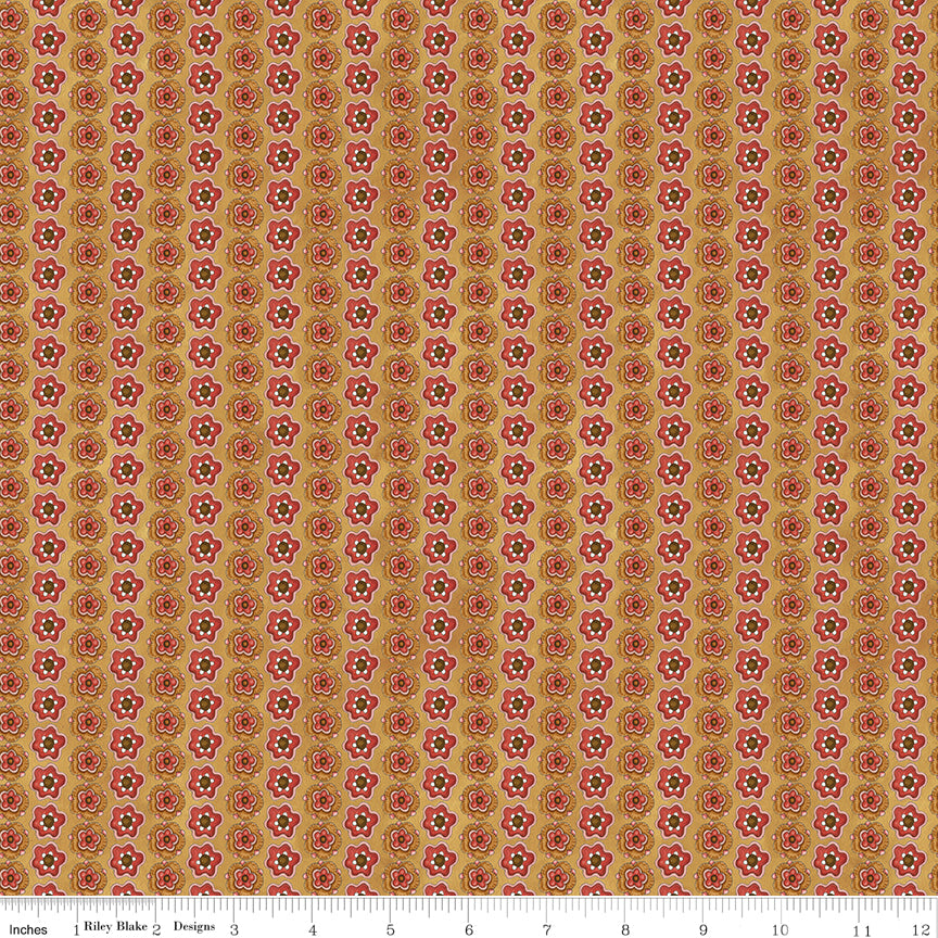 Waddle's Christmas Floral Stripe Gold Quilt Fabric by Teresa Kogut