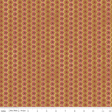 Waddle's Christmas Floral Stripe Gold Quilt Fabric - Riley Blake Designs - Teresa Kogut