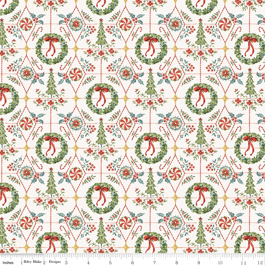 Santa's Fair Wreaths and Trees Cloud Quilt Fabric by Lisa Audit