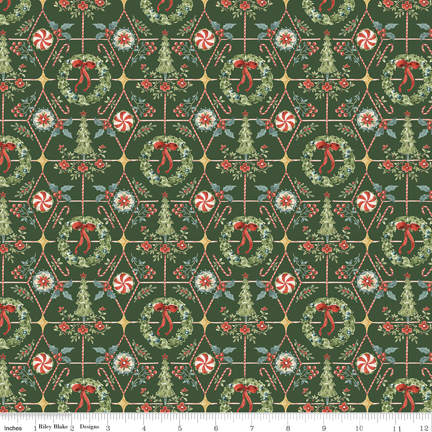 Santa's Fair Wreaths and Trees Green Quilt Fabric by Lisa Audit
