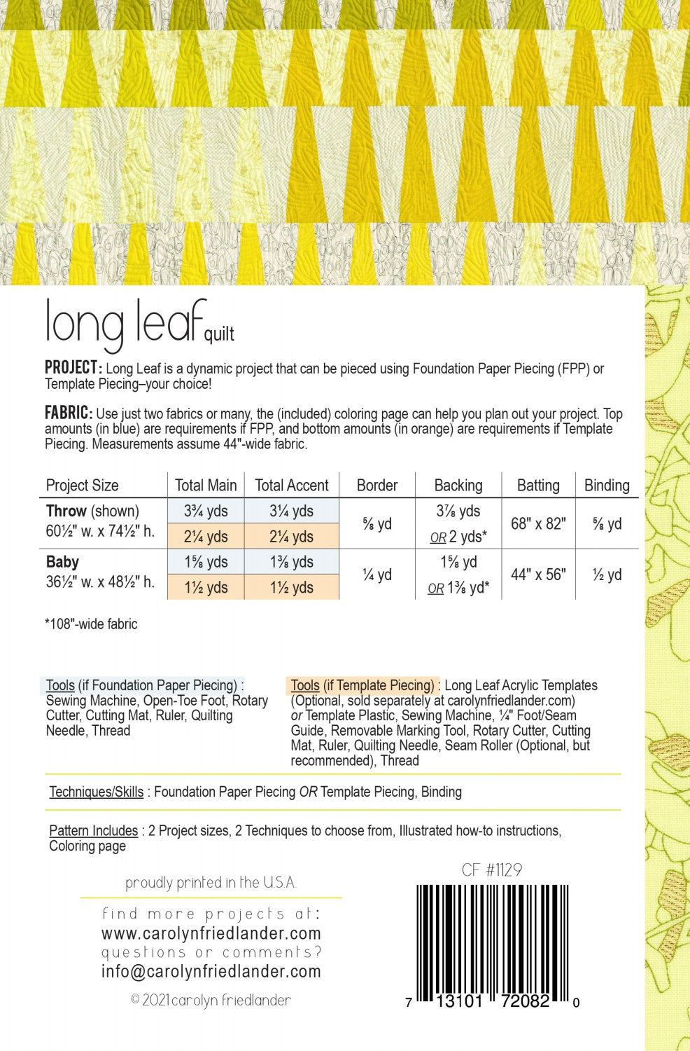 Back of the Long Leaf Quilt Pattern by Carolyn Friedlander