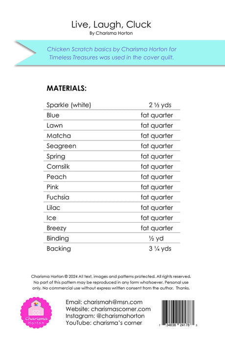 Back of the Live, Laugh, Cluck! Quilt Pattern by Charisma Horton